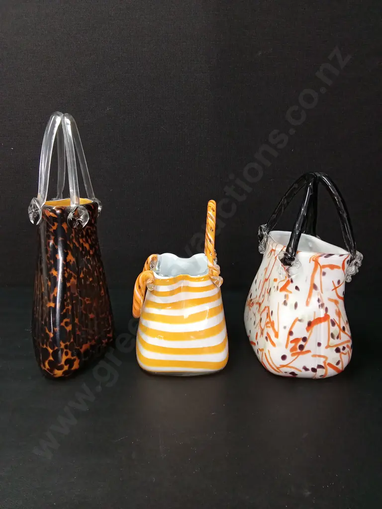 3 MURANO STYLE ART GLASS PURSES TALLEST H35CM Image 1++