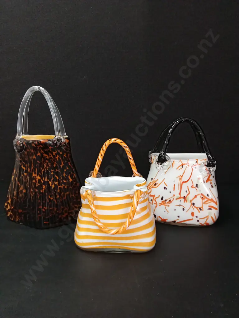 3 MURANO STYLE ART GLASS PURSES TALLEST H35CM Image 1++