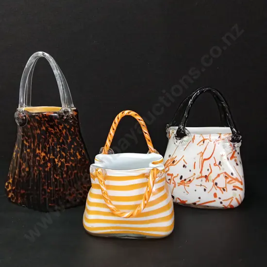 3 MURANO STYLE ART GLASS PURSES TALLEST H35CM