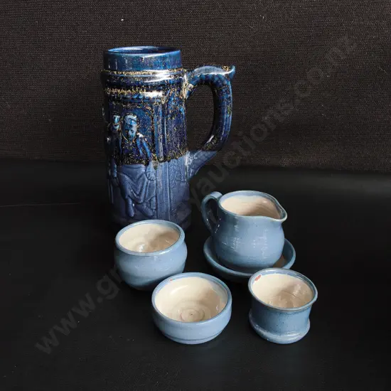 BLUE STUDIO POTTERY, INCLUDING STONEWARE STEIN, TALLEST H 18 CM