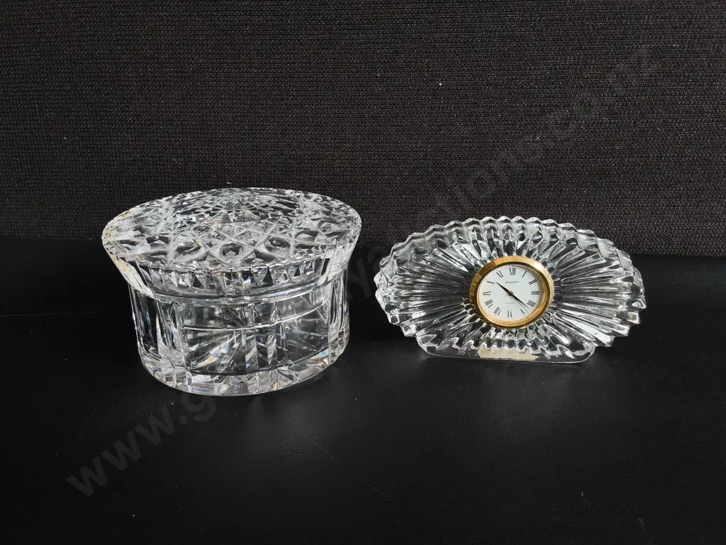 VINTAGE STAIGER MINIATURE CLOCK AND HERITAGE IRISH CRYSTAL VANITY JAR, WIDEST W 11.5 CM Image 1++