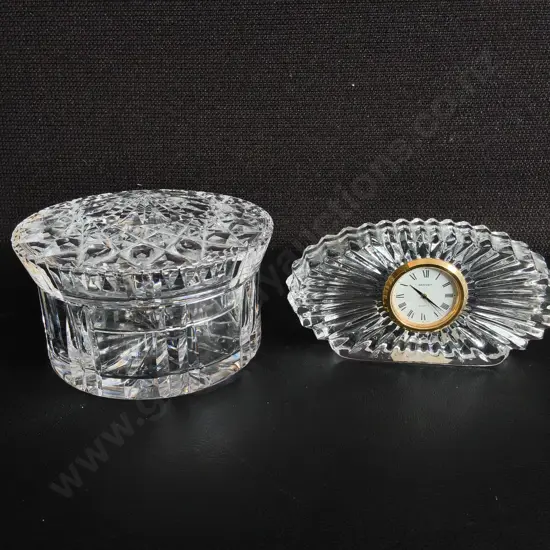 VINTAGE STAIGER MINIATURE CLOCK AND HERITAGE IRISH CRYSTAL VANITY JAR, WIDEST W 11.5 CM