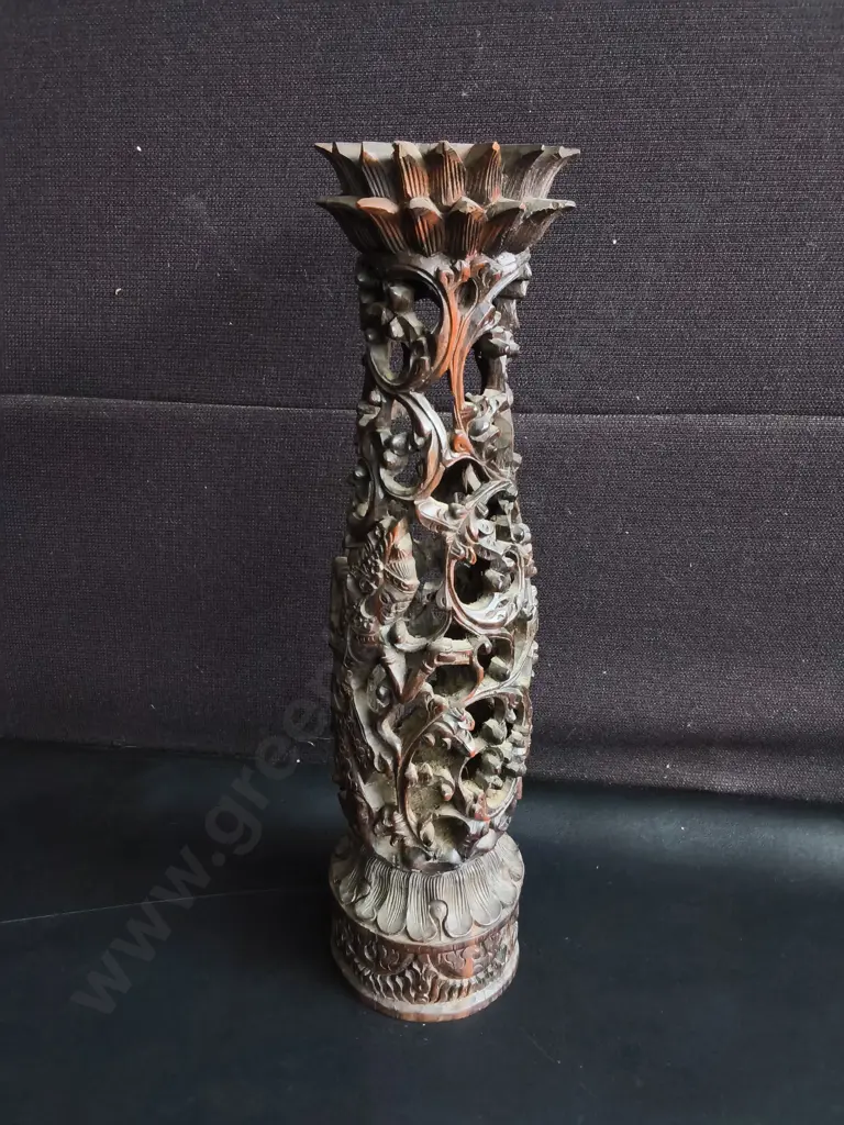 VINTAGE HAND CARVED WOODEN PILLAR, CANDLESTICK OR LAMP BASE, H 44 CM Image 1++