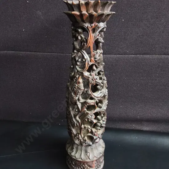 VINTAGE HAND CARVED WOODEN PILLAR, CANDLESTICK OR LAMP BASE, H 44 CM