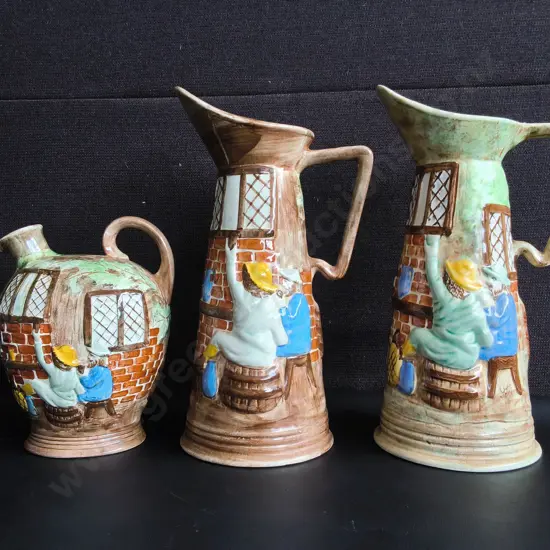 VINTAGE E. RADFORD AND H.J. WOOD ENGLAND HAND PAINTED TAVERNWARE PITCHERS AND JUGS, 3 PIECES, TALLEST H 28 CM