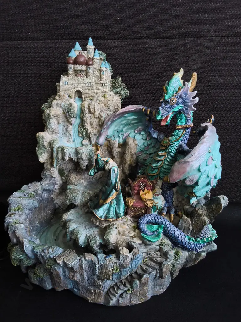 DECORATIVE FANTASY RESIN WATER FEATURE, DRAGON AND CASTLE, WORKING, DAMAGE PICTURED, H 29 CM Image 1++