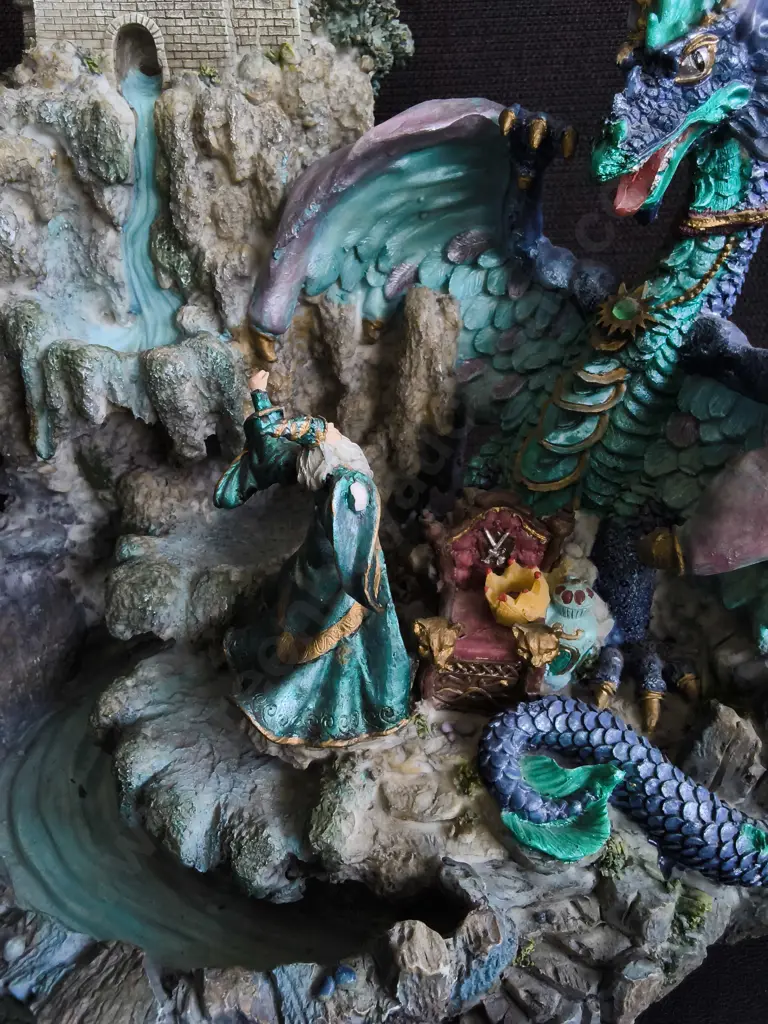 DECORATIVE FANTASY RESIN WATER FEATURE, DRAGON AND CASTLE, WORKING, DAMAGE PICTURED, H 29 CM Image 1++