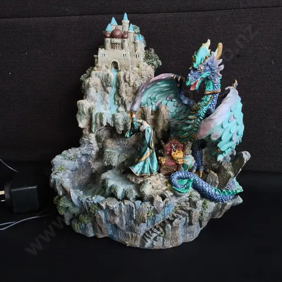 DECORATIVE FANTASY RESIN WATER FEATURE, DRAGON AND CASTLE, WORKING, DAMAGE PICTURED, H 29 CM