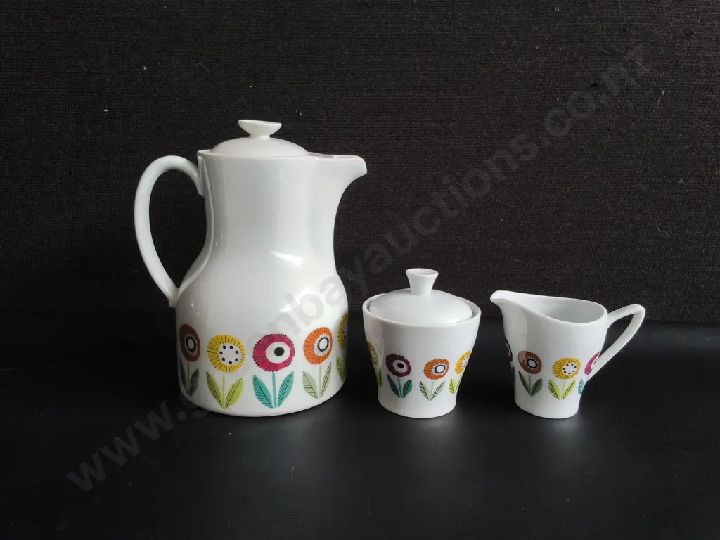 VINTAGE UPSALA EKEBY KARLSKRONA "IGNIS BELLIS" COFFEE POT, SUGAR & CREAMER SET BY EVA BLADH, TALLEST H 19 CM Image 1++