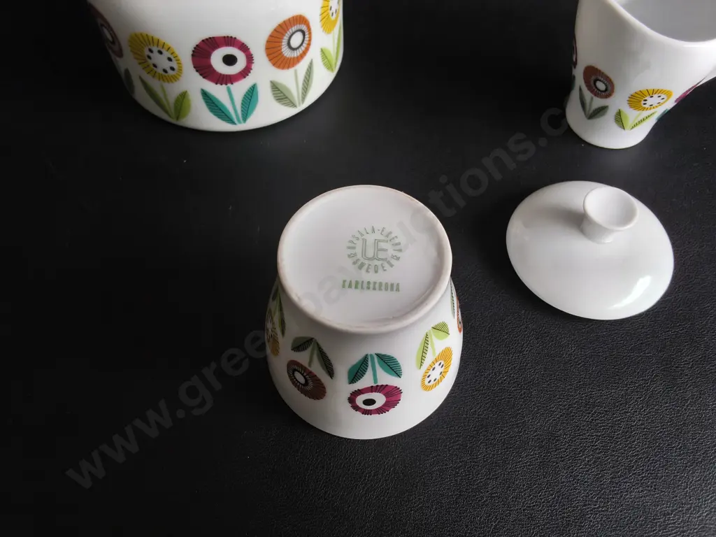 VINTAGE UPSALA EKEBY KARLSKRONA "IGNIS BELLIS" COFFEE POT, SUGAR & CREAMER SET BY EVA BLADH, TALLEST H 19 CM Image 1++