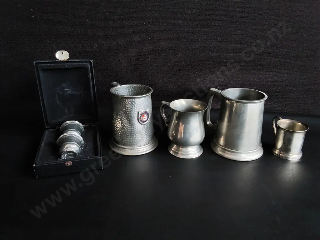 VINTAGE PEWTER DRINKING VESSELS, INCLUDING BIXED SCOTIA BROS MINIATURE VESSELS, 6 PIECES, TALLEST H 12 CM Image 1++