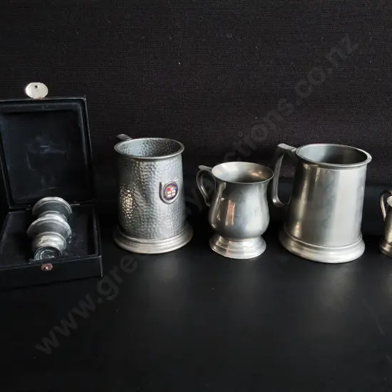 VINTAGE PEWTER DRINKING VESSELS, INCLUDING BIXED SCOTIA BROS MINIATURE VESSELS, 6 PIECES, TALLEST H 12 CM