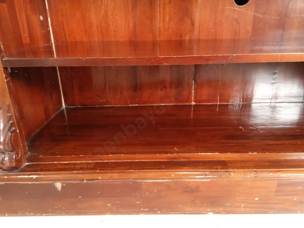 VINTAGE WOODEN SHELF WITH DARK FINISH AND CARVED DETAILS, H 126CM X W 120CM X 40CM Image 1++
