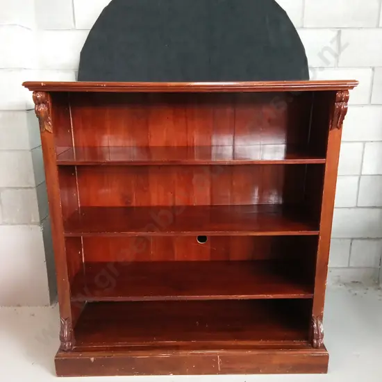 VINTAGE WOODEN SHELF WITH DARK FINISH AND CARVED DETAILS, H 126CM X W 120CM X 40CM