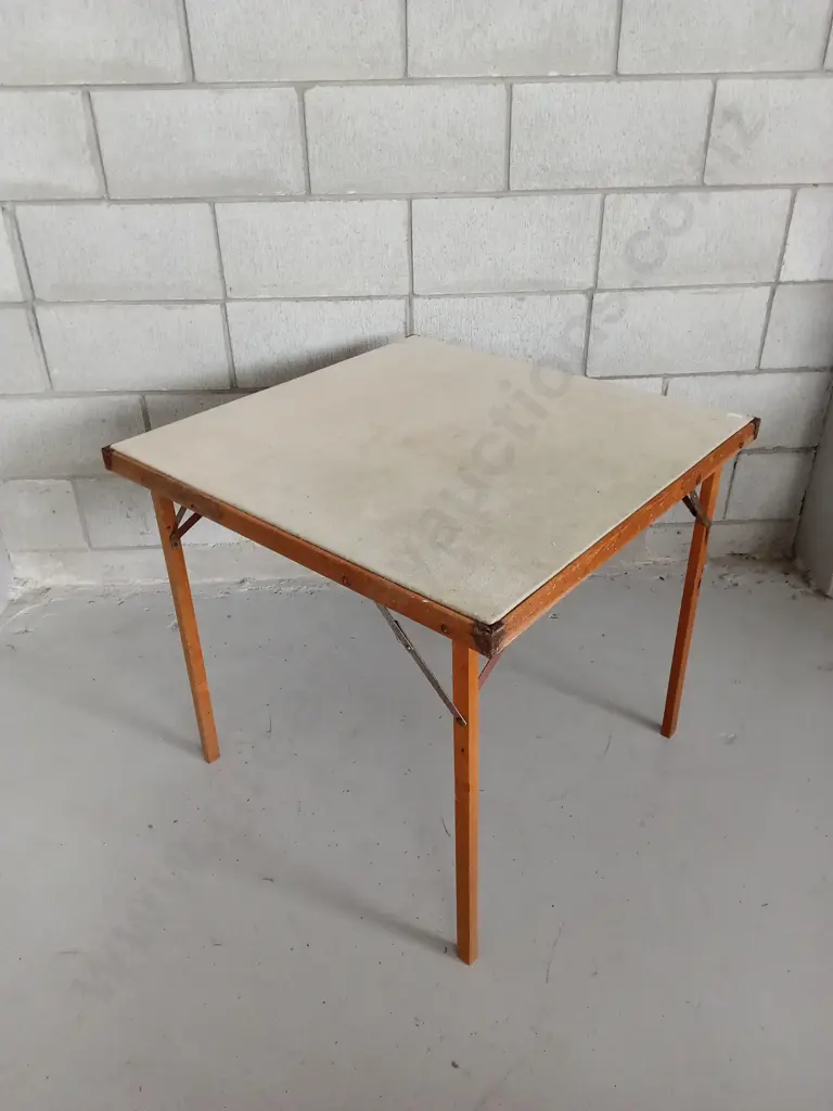 VINTAGE WOODEN FOLD UP TABLE WITH MATERIAL COVERED TOP, H 66CM X 73CM X 73CM Image 1++