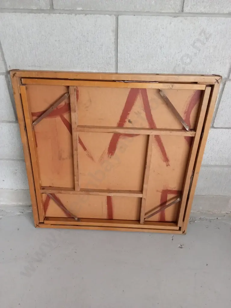 VINTAGE WOODEN FOLD UP TABLE WITH MATERIAL COVERED TOP, H 66CM X 73CM X 73CM Image 1++