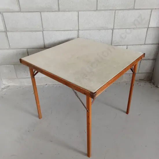 VINTAGE WOODEN FOLD UP TABLE WITH MATERIAL COVERED TOP, H 66CM X 73CM X 73CM