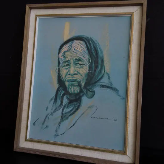 VINTAGE KRISTIN ZAMBUCKA MID CENTURY MĀORI PORTRAIT PRINT, "KIRIKINO KOHITU" 1970, H 62 CM X W 49 CM