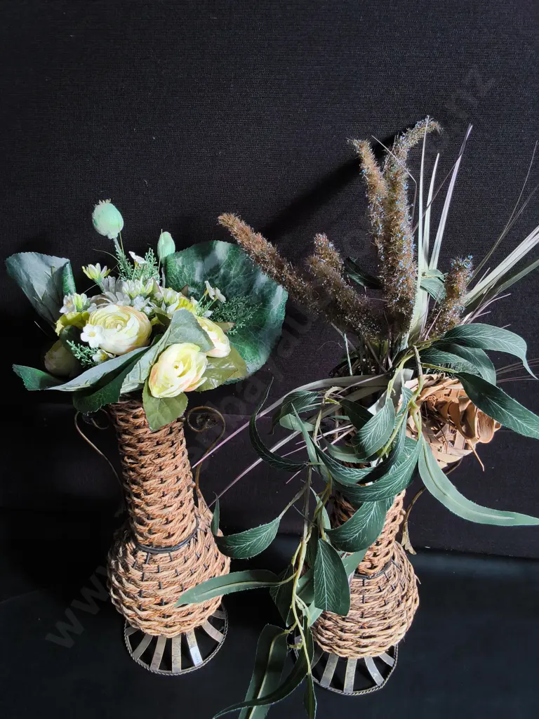 PAIR OF WICKER WRAPPED VASES WITH FAUX FLOWERS, TALLEST H APPROX 81 CM Image 1++