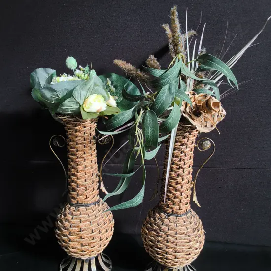 PAIR OF WICKER WRAPPED VASES WITH FAUX FLOWERS, TALLEST H APPROX 81 CM