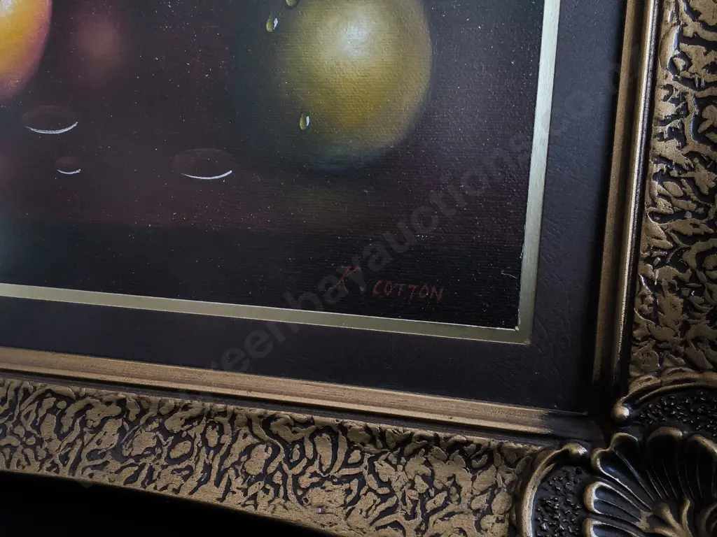 PAIR OF FRAMED STILL LIFE FRUIT PAINTINGS, SIGNED K. COTTON, H 34 CM X W 39 CM Image 1++