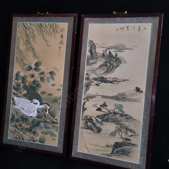 PAIR OF FRAMED TRADITIONAL EAST ASIAN SCROLL PAINTINGS, H 88 CM