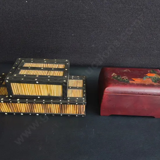 VINTAGE TRINKET BOXES, ANGLO-INDIAN QUILL & CHINESE RED LACQUER, 3 PIECES, WIDEST W 22 CM