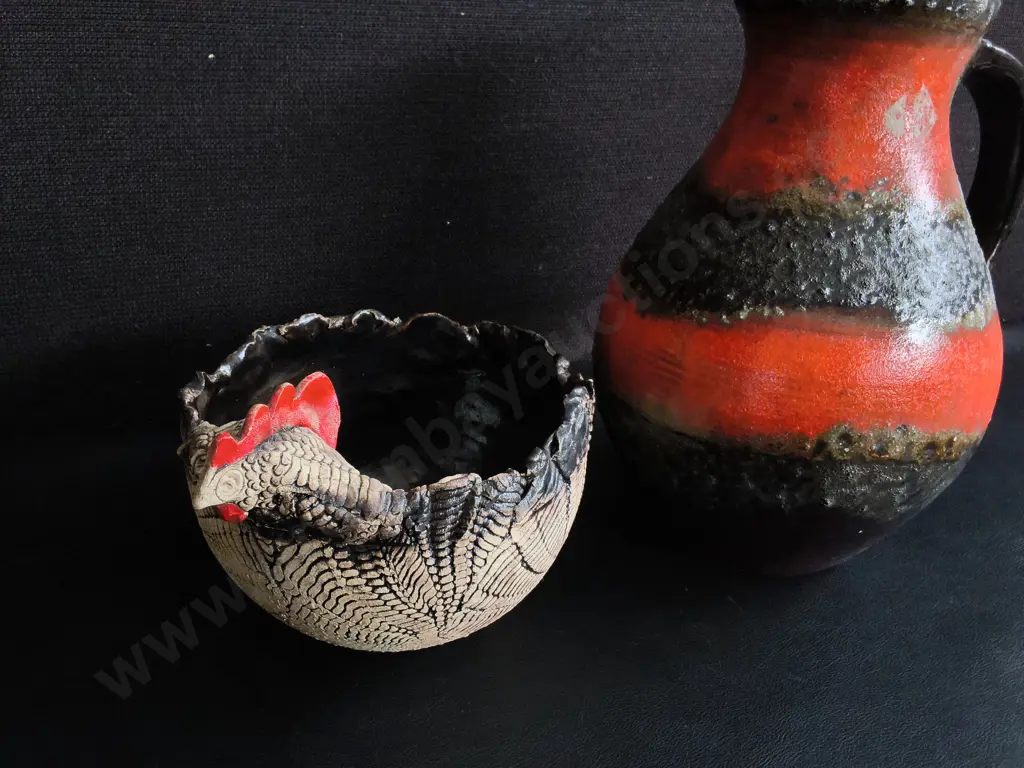 VINTAGE WEST GERMAN CERAMIC FAT LAVA VASE, AND RAKU CERAMIC HEN BOWL, TALLEST H 25 CM Image 1++