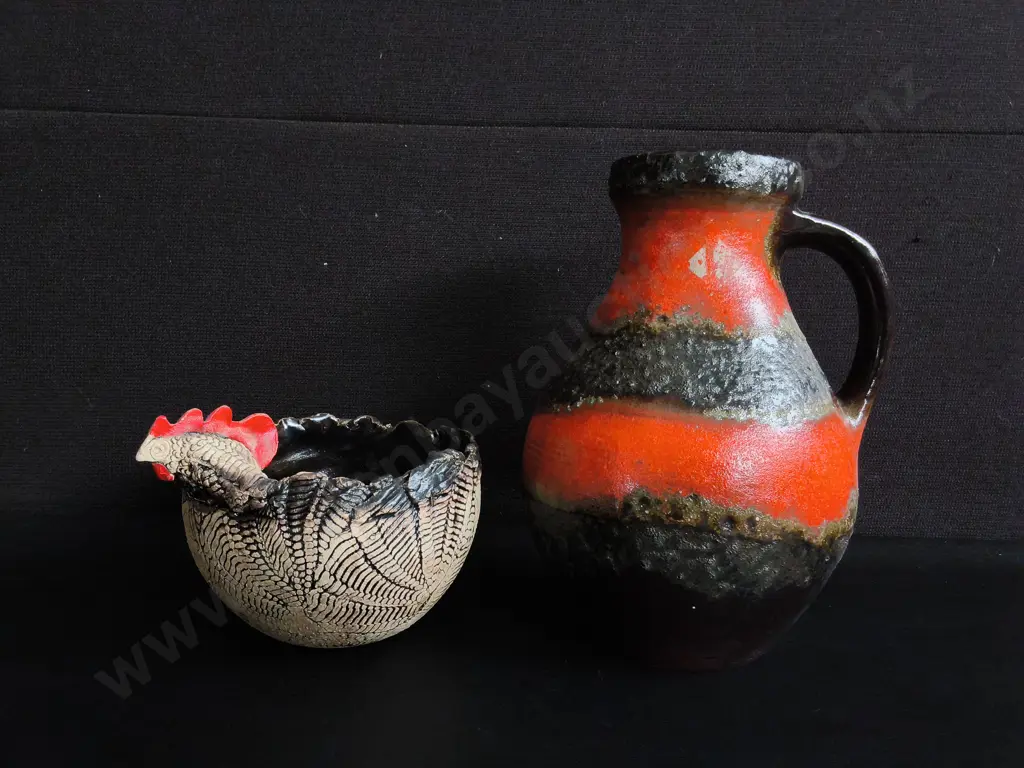 VINTAGE WEST GERMAN CERAMIC FAT LAVA VASE, AND RAKU CERAMIC HEN BOWL, TALLEST H 25 CM Image 1++