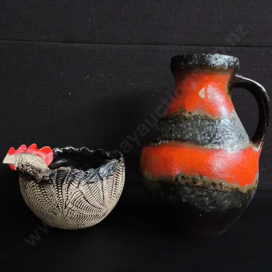 VINTAGE WEST GERMAN CERAMIC FAT LAVA VASE, AND RAKU CERAMIC HEN BOWL, TALLEST H 25 CM
