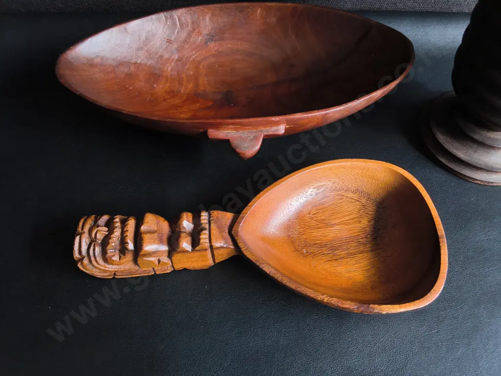 VINTAGE PACIFIC AND POLYNESIAN HAND CARVED WOOD, TIKI TOTEM SERVIBG SCOON, TANOA KAVA BOWL, AND RIBBED MORTAR/ PESTLE Image 1++