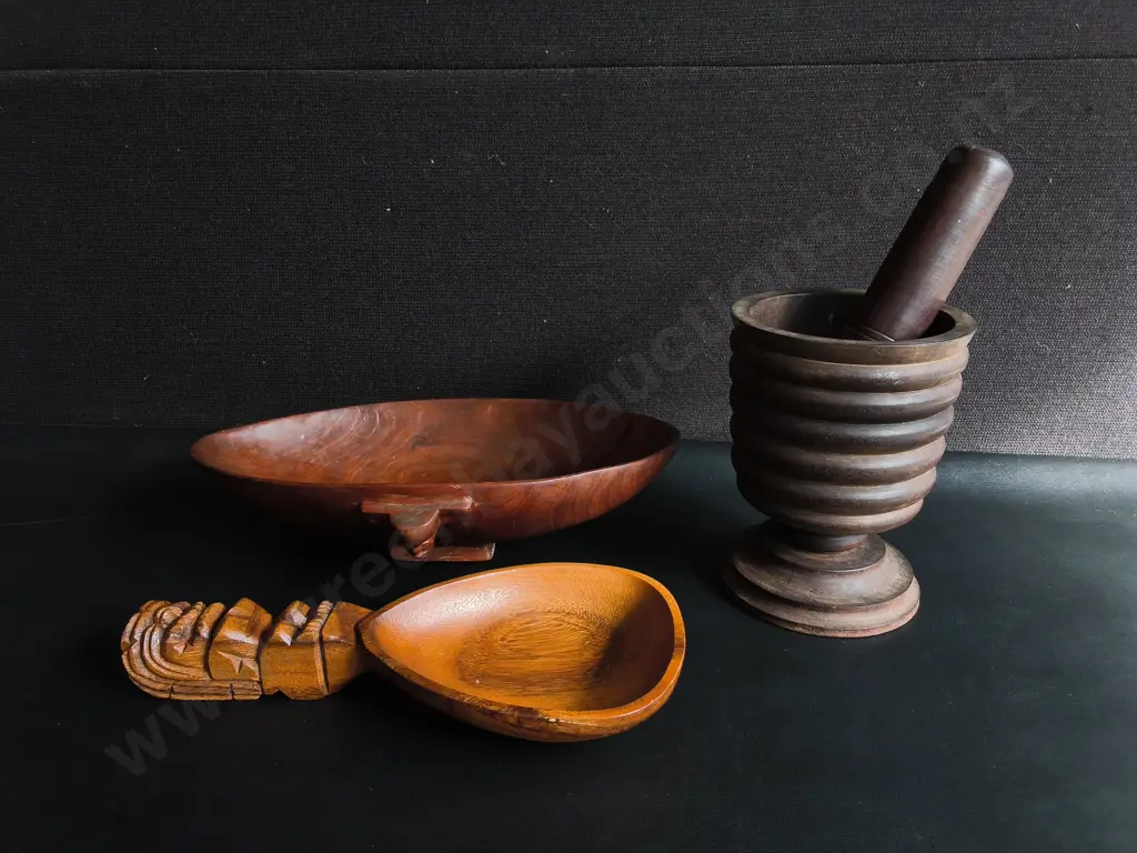VINTAGE PACIFIC AND POLYNESIAN HAND CARVED WOOD, TIKI TOTEM SERVIBG SCOON, TANOA KAVA BOWL, AND RIBBED MORTAR/ PESTLE Image 1++