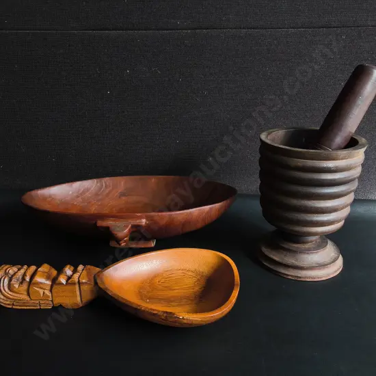 VINTAGE PACIFIC AND POLYNESIAN HAND CARVED WOOD, TIKI TOTEM SERVIBG SCOON, TANOA KAVA BOWL, AND RIBBED MORTAR/ PESTLE