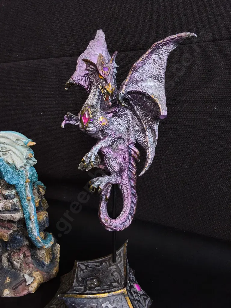 PAIR OF FANTASY DRAGON FIGURINES MADE OF POLYRESIN, TALLEST H 30 CM PURPLE DRAGON IS AN LED LIGHT Image 1++