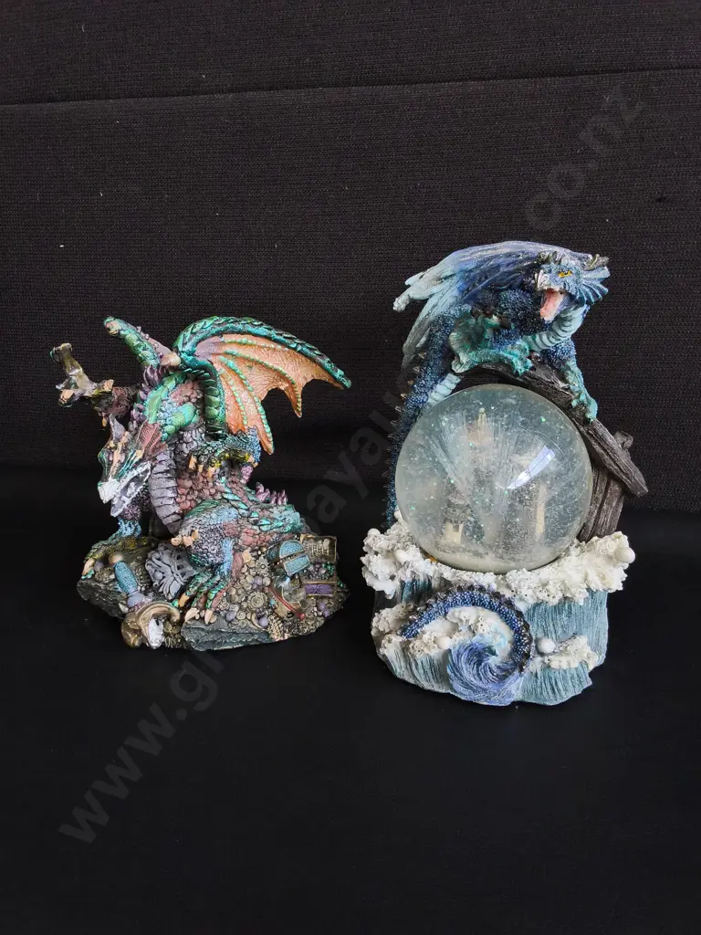 PAIR OF FANTASY DRAGON RESIN FIGURE, INCLUDING SNOW GLOBE LAMP, (SWITCH ON BOTTOM)  TALLEST H 21 CM Image 1++