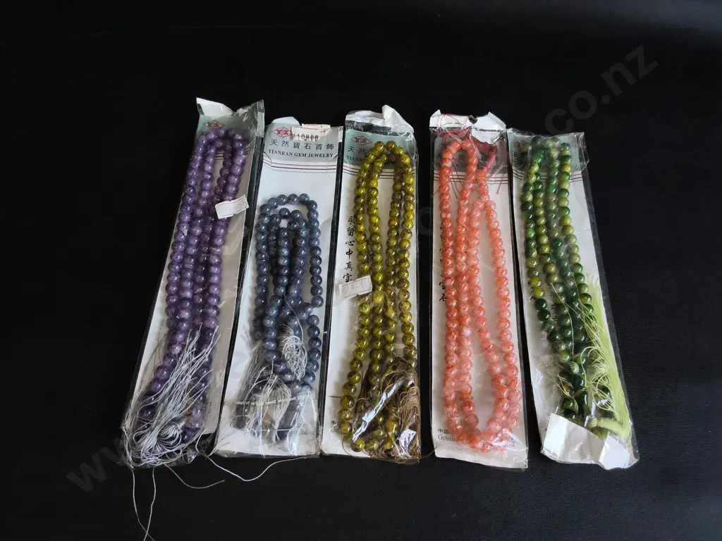 5 BEADED NECKLACES, PRAYER STRANDS, PACKAGED Image 1++