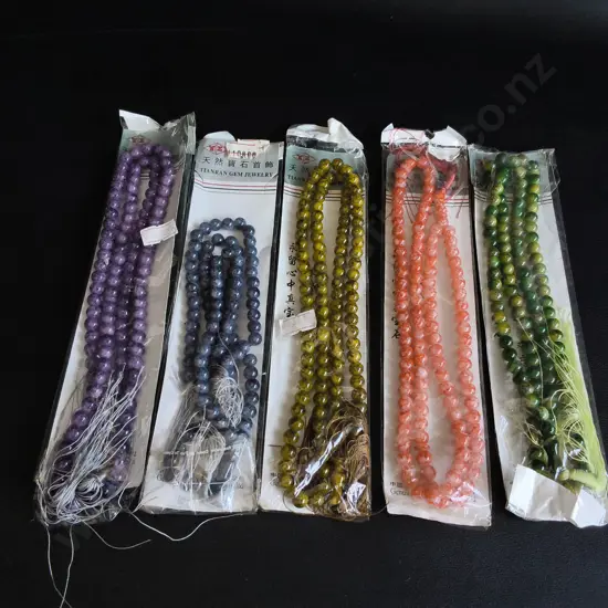 5 BEADED NECKLACES, PRAYER STRANDS, PACKAGED