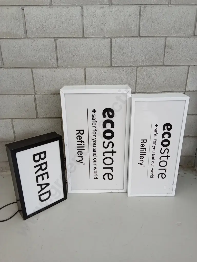 3 DISPLAY LIGHTBOXES, LARGEST BOX IS 80CM X 45CM BRANDED ECOSTORE BUT VINYL CAN BE REMOVED Image 1++