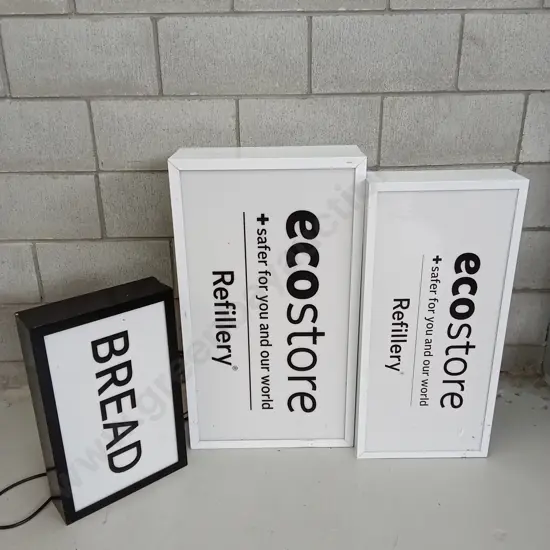 3 DISPLAY LIGHTBOXES, LARGEST BOX IS 80CM X 45CM BRANDED ECOSTORE BUT VINYL CAN BE REMOVED