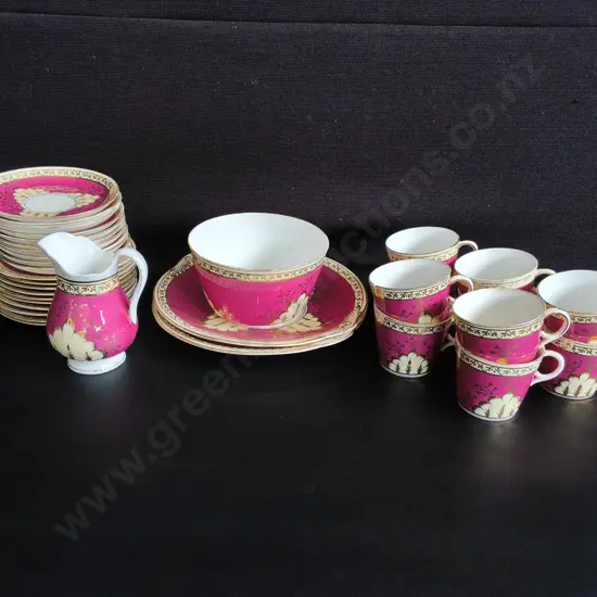 VINTAGE TEA SET, CUPS, SAUCERS, CREAMER, 34 PIECES, TALLEST H 12 CM