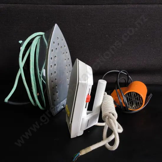 2 VINTAGE IRONS AND PORTABLE HAIR DRYER