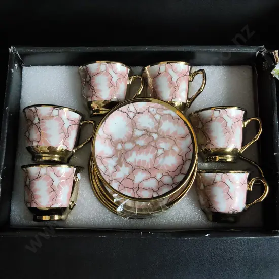 BRAND NEW 12 PIECE CUP AND SAUCERS SET, BOXED, DAMAGE PICTURED