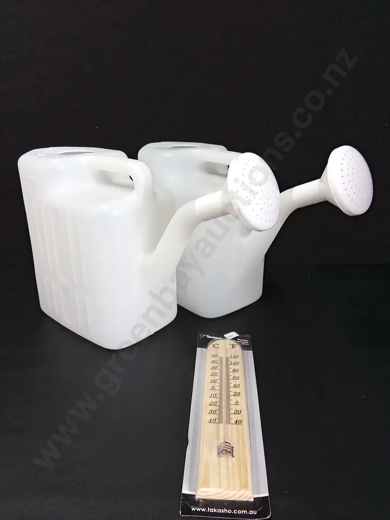 BRAND NEW TAKASHO WOODEN WALL THERMOMETER AND 2 WATERING CANS Image 1++