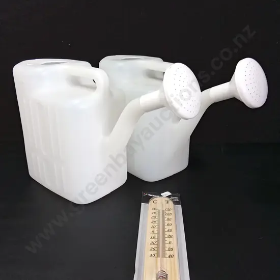 BRAND NEW TAKASHO WOODEN WALL THERMOMETER AND 2 WATERING CANS