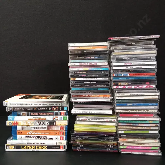 BOX OF CDS AND DVDS