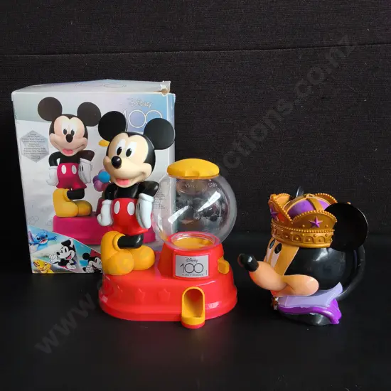 MICKEY MOUSE BOXED GUMBALL MACHINE AND MUG, TALLEST H 21 CM