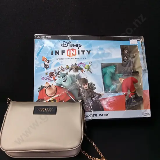 DISNEY INFINITY FOR PS3 AND A VERSACE PARFUMS PURSE