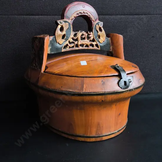 VINTAGE CHINESE WOODEN WEDDING BASKET, H 33 CM
