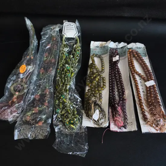 6 BEADED NECKLACES, INCLUDING PRAYER STRANDS, PACKAGED