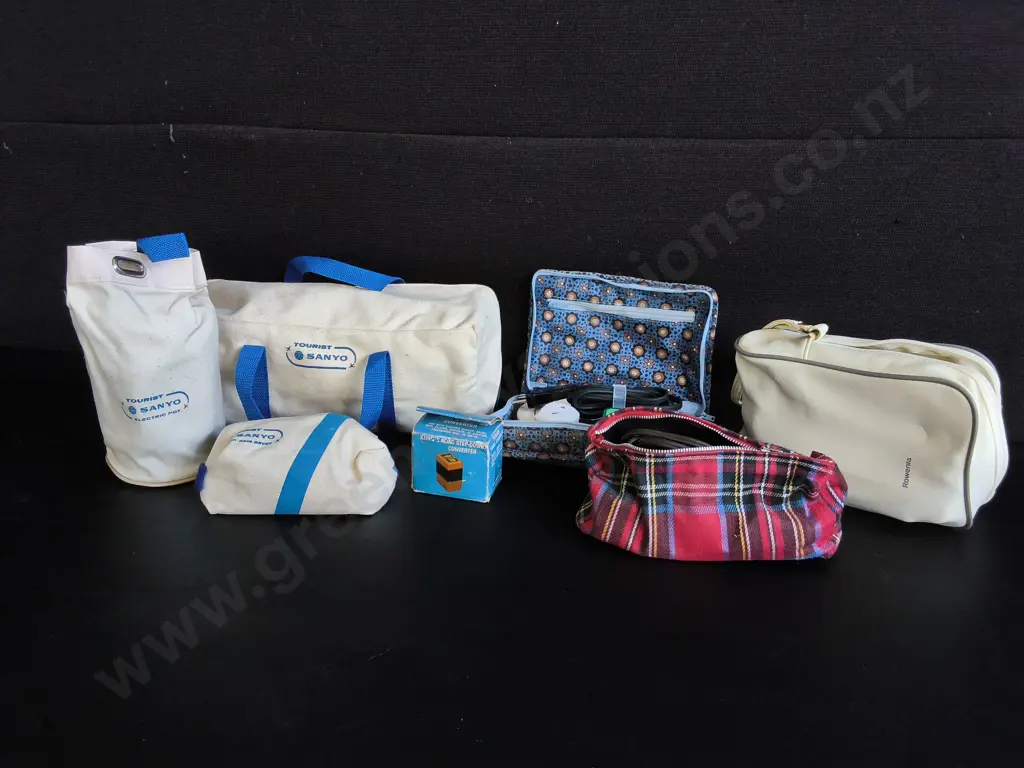 COLLECTION OF VINTAGE TRAVEL APPLIANCES IN CASES, INCLUDING SANYO TOURIST KITS Image 1++